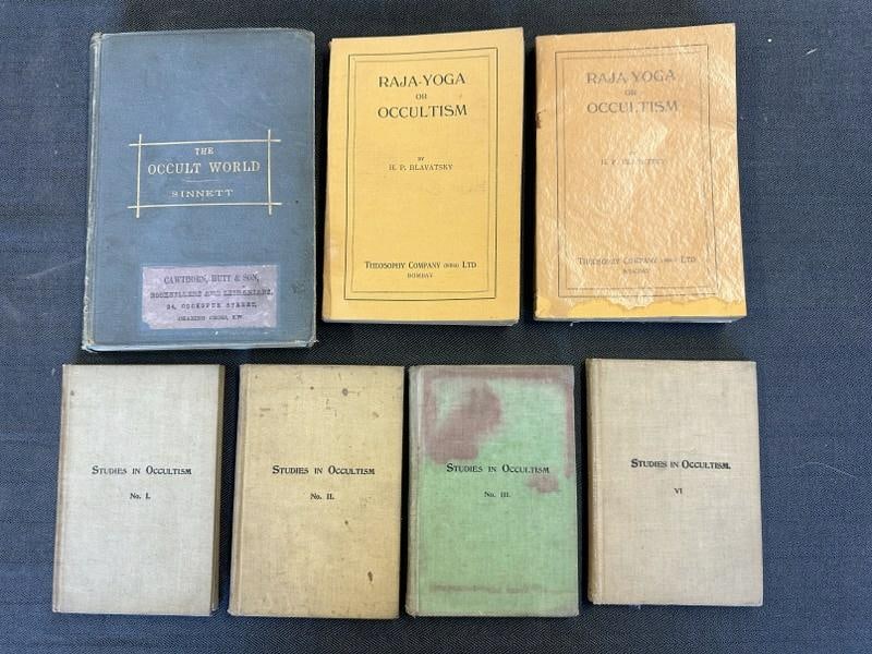 (7) early books on OCCULTISM, title pages pictured, (2) softcover, from estate library of Charles J. (1 of 12)