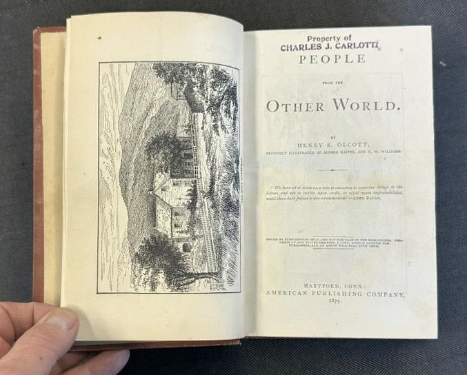 First Edition PEOPLE FROM THE OTHER WORLD, Published 1875, by Henry S. Olcott, from estate library: First Edition PEOPLE FROM THE OTHER WORLD, Published 1875, by Henry S. Olcott, from estate library of Charles J. Olcott. Some wear to cover, complete inside, just as we found it.