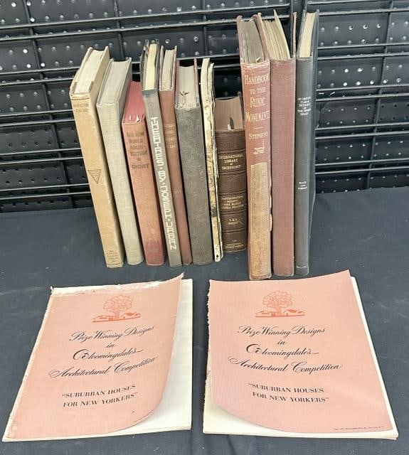 Early ARCHITECTURAL and related book lot, title pages pictured, including (2) soft cover with rough: Early ARCHITECTURAL and related book lot, title pages pictured, including (2) soft cover with rough condition covers….from estate library of Cahrles J. Carlotti…...