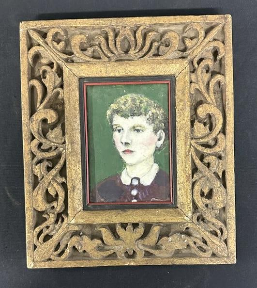 Franklin Zell Heuston (1880-1966) portrait of Woman on enamel in wonderful carved frame, the: Franklin Zell Heuston (1880-1966) portrait of Woman on enamel in wonderful carved frame, the portrait measures 6.5" x 4.25", the frame measures 12" x 10". Circa 1950....This painting is directly from