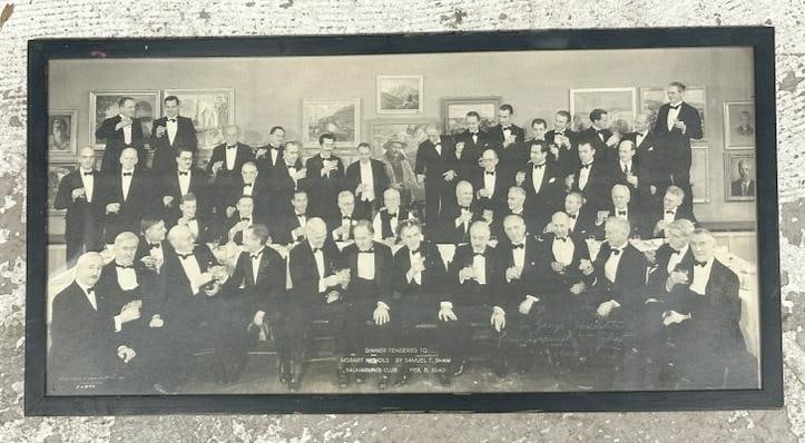 Framed SALMAGUNDI CLUB 1940 photograph of a Dinner tendered to ( Hobart Nichols ) by ( Samuel T.: Framed SALMAGUNDI CLUB 1940 photograph of a Dinner tendered to ( Hobart Nichols ) by ( Samuel T. Shaw ), February 8th, 1940. The frame measures 10" x 19.5". This painting is directly from the Artist's