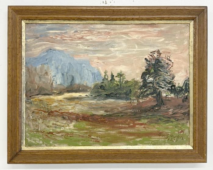 George Franklin Heuston (American, 1906-2001) impressionist o/c titled ( MARSH AND MOUNTAIN, 1930 ),: George Franklin Heuston (American, 1906-2001) impressionist o/c titled ( MARSH AND MOUNTAIN, 1930 ), painting measures 18" x 24", the frame measures 22.5" x 28.5". Nice estate condition. This painting