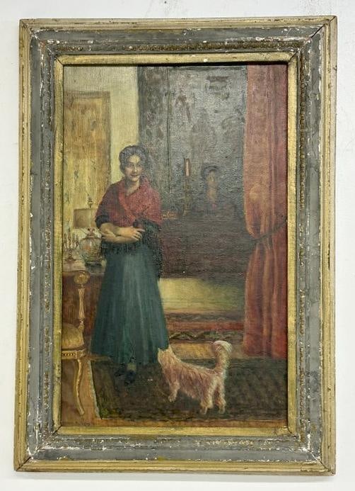 Franklin Zell Heuston (1880-1966) o/b titled ( NEW YORK WOMAN AND CAT), circa 1940's, in original: Franklin Zell Heuston (1880-1966) o/b titled ( NEW YORK WOMAN AND CAT), circa 1940's, in original period frame, painting measures 24.5" x 15", frame measures 30" x 21". Signed lower left...Nice overal