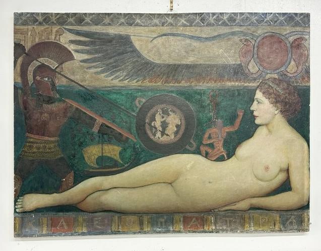 Franklin Zell Heuston (1880-1966) o/b titled ( ANTHONY & CLEOPATRA ), dated and signed lower left (: Franklin Zell Heuston (1880-1966) o/b titled ( ANTHONY & CLEOPATRA ), dated and signed lower left ( 1947 ), in Roman numerals. Painting has a few scratches, measures 30" x 40". This painting is direct