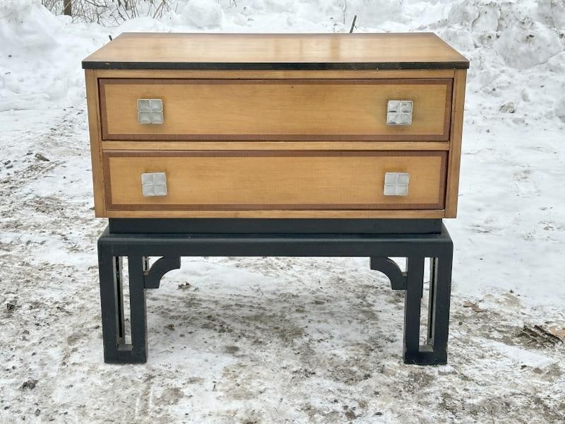 Mid Century Modern (2) drawer chest on black base, wonderful knobs, (top has faded from dresser: Mid Century Modern (2) drawer chest on black base, wonderful knobs, (top has faded from dresser scarf on it over the years ), structurally sound. From nice estate in the Hudson valley, measures 35" wi