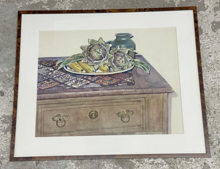 Jane Sperry Eisenstat (mid 20th century) w/color still life with fruit and vegetables in bowl on: Jane Sperry Eisenstat (mid 20th century) w/color still life with fruit and vegetables in bowl on chest with blue pitcher, signed lower right, in nice frame, fine estate condition. Watercolor measures
