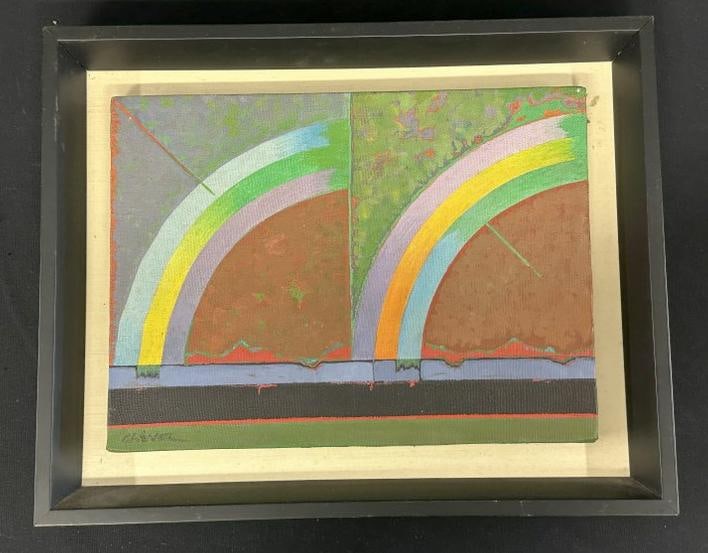 Edward Chavez (American, 1917-1995) o/c with rainbows, signed lower left, nice estate condition,: Edward Chavez (American, 1917-1995) o/c with rainbows, signed lower left, nice estate condition, painting measures 9" x 12", the frame measures 13" x 15.5".