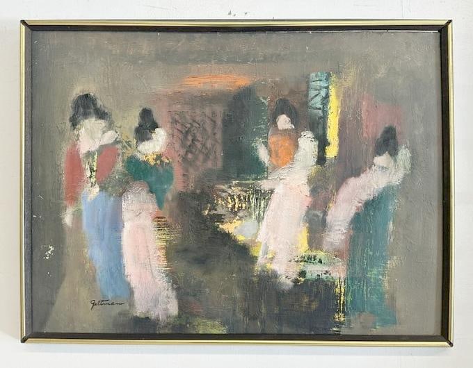 Lillian Geltman (Born 1903) impressionist gouache on board with female figures, signed lower left,: Lillian Geltman (Born 1903) impressionist gouache on board with female figures, signed lower left, in Mid century frame, nice overall condition, from estate in Hudson Valley, painting measures 18" x 2