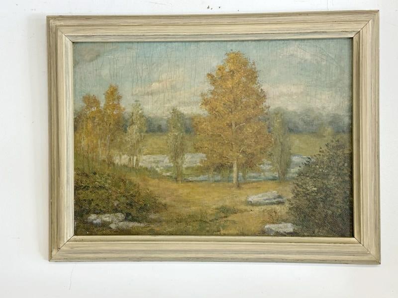 Wonderful circa 1930's o/c laid on board Fall Landscape, unsigned, in nice off white frame, has: Wonderful circa 1930's o/c laid on board Fall Landscape, unsigned, in nice off white frame, has some age crackles, possibly the Hudson Valley, from estate in Hudson Valley, painting measures 18" x 25"