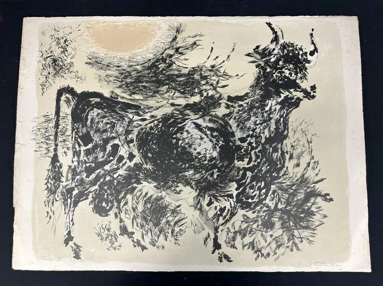 Edward Chavez (American, 1917-1995) signed limited edition print of a Bull, titled ( TORO II, number: Edward Chavez (American, 1917-1995) signed limited edition print of a Bull, titled ( TORO II, number 10 of 10 ), nice overall condition, signed lower right, measures 22.5" x 29.5". From estate in Huds