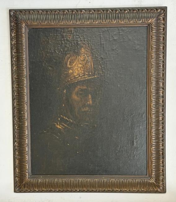 19th c o/c laid on board of ( THE MAN WITH THE GOLDEN HELMET ), by Rembrandt van Rijn, has paint: 19th c o/c laid on board of ( THE MAN WITH THE GOLDEN HELMET ), by Rembrandt van Rijn, has paint crackling, from estate in Hudson Valley, in nice later carved frame, painting measures 30.5" x 24", the