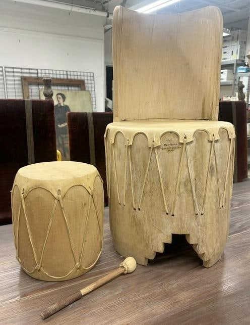 Native American Conchiti Pueblo drum chair with another drum, signed RED BIRD, nice estate (1 of 4)