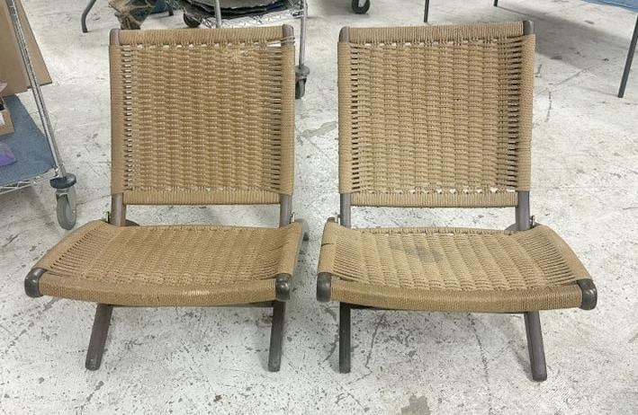 Pair Mid Century style woven seat & back folding chairs, structurally sound, most likely from 1970's (1 of 5)