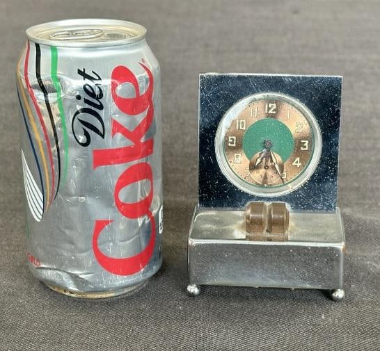 Nice diminutive French Deco chrome travel clock - music box, not running, wonderful form, signed on (1 of 6)
