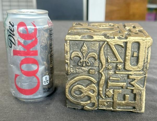 Sheldon Rose "Alphasculpt" cube sculpture, designed by Artist Sheldon Rose in the 1960's, metal with: Sheldon Rose "Alphasculpt" cube sculpture, designed by Artist Sheldon Rose in the 1960's, metal with gold paint, fine condition, signed, measures 4" high x 4" all the way around. From estate in Hudson