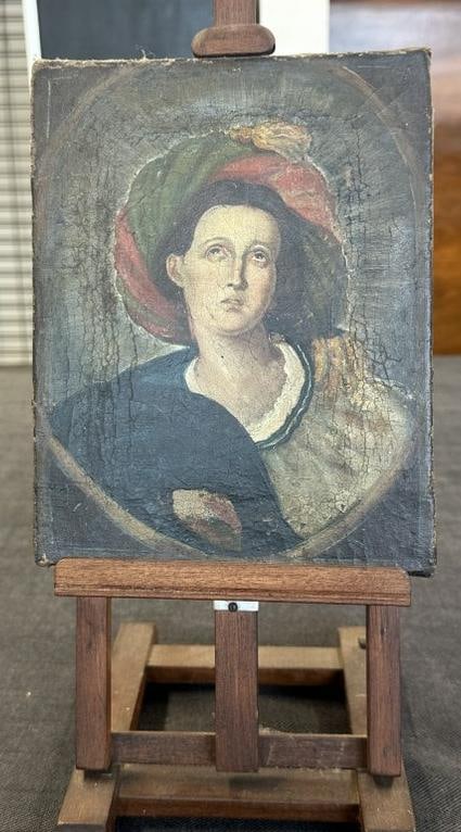 Late 18th or 19th c o/c portrait of a Woman in large hat, initialed lower right, looks like ( V M ),: Late 18th or 19th c o/c portrait of a Woman in large hat, initialed lower right, looks like ( V M ), some paint crackling, measures 8" x 6.25". From fine estate in Hudson Valley.......