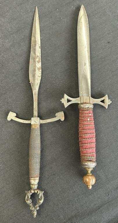 Pair Persian (?) daggers, from local estate, no sheaths, just as we found them, they measure 13" and (1 of 5)