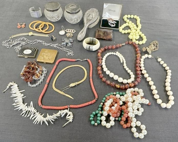 Lot of interesting estate costume jewelry, sterling silver tops vanity jars, sterling hair brush, (1 of 13)