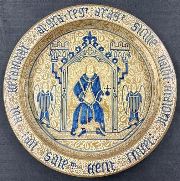 Early decorative dish or basin styled after historical Hispano-Moresque or Spanish Lusterware, in: Early decorative dish or basin styled after historical Hispano-Moresque or Spanish Lusterware, in overall nice estate condition, measures 18.5" wide, has 2 small surface flakes on underside. From fine