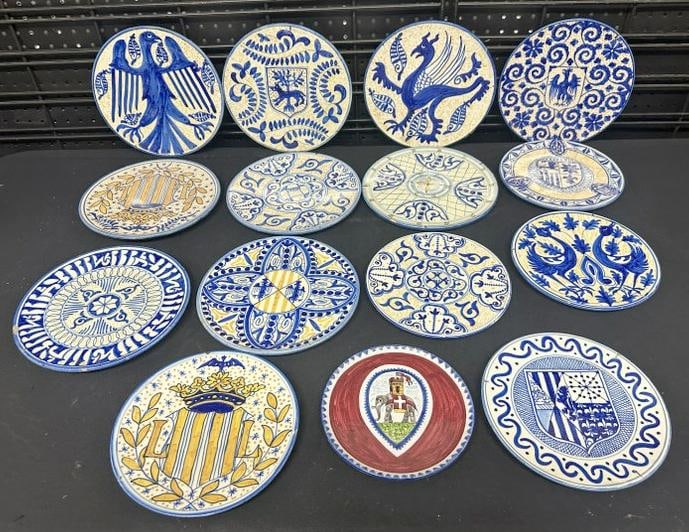 (15) ceramic hand painted decorative plates from Spain, from fine estate in the Hudson Valley. A few: (15) ceramic hand painted decorative plates from Spain, from fine estate in the Hudson Valley. A few with older repairs, overall nice condition, to show scale most measure approx. 9.5" across, a few s