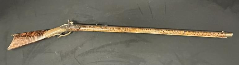 19th century tiger maple percussion rifle, made by PENNSYLVANIA RIFLE WORKS, measures 54.5" long, (1 of 9)