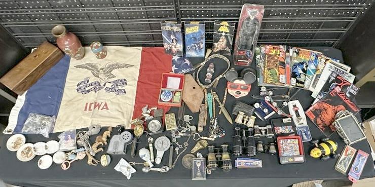 Large misc. estate collectibles lot to include IOWA flag, cloisonne, Disney, comics, office: Large misc. estate collectibles lot to include IOWA flag, cloisonne, Disney, comics, office accessories, binoculars, opera glasses, and more….great lot for a dealer to sort out…..( AG B114, AG116,