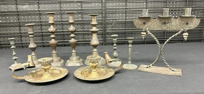Estate lot old brass candlesticks including push up pair and hand hammered Arts & Crafts one (1 of 7)