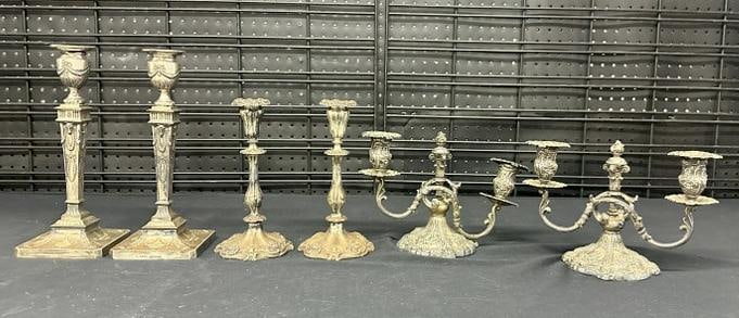 (3) pairs worn finish silverplate old candlesticks ( the candelabra one on end has a broken arm, (1 of 9)