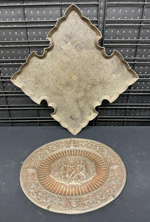 Estate lot (2) decorative older trays, the heavy intricate design brass one looks Persian (?) and: Estate lot (2) decorative older trays, the heavy intricate design brass one looks Persian (?) and measures 16" x 16", the silverplate over copper Classical scene tray measures 16" x 14.5". From estate
