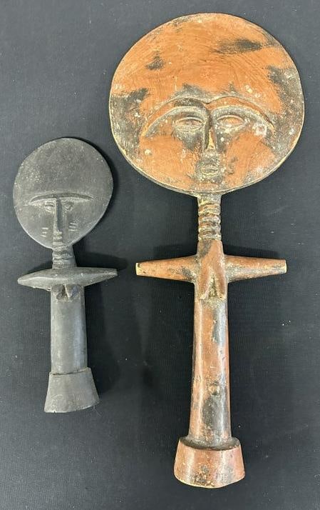 (2) Ashanti Akuaba Fertitlity Dolls, carved wood, nice overall condition, from estate in Hudson: (2) Ashanti Akuaba Fertitlity Dolls, carved wood, nice overall condition, from estate in Hudson Valley, they measure 11.5" & 19.5".