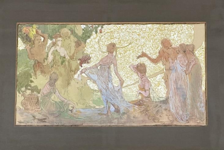 Wonderful gouache on paper of a classical scene with scantily dressed Women with some Men, signed: Wonderful gouache on paper of a classical scene with scantily dressed Women with some Men, signed lower left and dated 1918, in frame of the period. ( The signature looks like SEITRO SASAKI (?). In ni