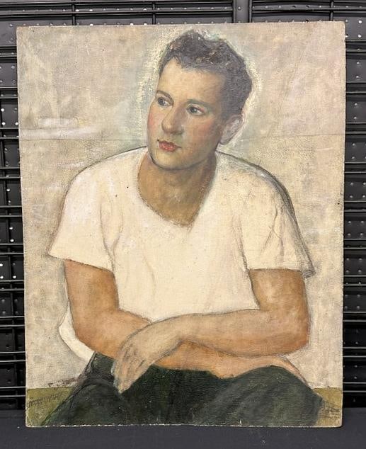 Franklin Zell Heuston (1880-1966 ) o/b portrait of young man, identified on back as his Son ( Harold: Franklin Zell Heuston (1880-1966 ) o/b portrait of young man, identified on back as his Son ( Harold Zell Heuston ), identified on back by his Son written on back. Circa 1940's or 50's, painting measu