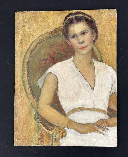 Franklin Zell Heuston (1880-1966 ) o/b portrait of Woman in a white dress, identified on front as (: Franklin Zell Heuston (1880-1966 ) o/b portrait of Woman in a white dress, identified on front as ( Ann Tatham ), dated 1949. Painting measures 16" x 12". This painting is directly from the Artist's e