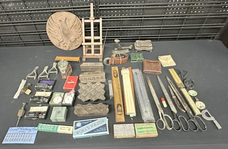 Misc. estate lot of interesting objects, and collectiibles, to include old pattern printing blocks, (1 of 15)