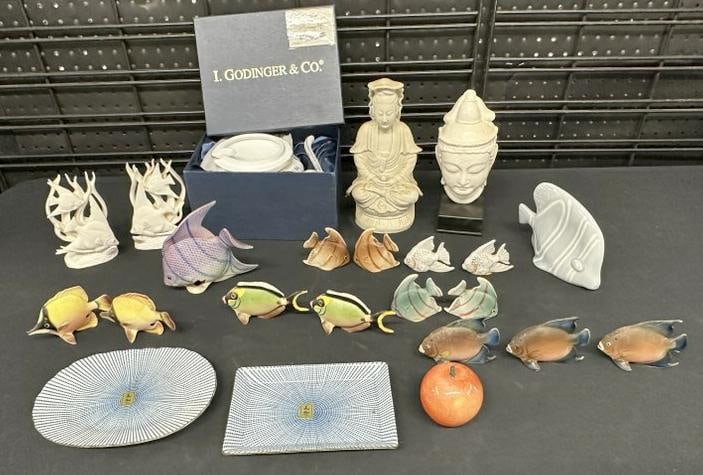 Misc. estate lot ceramics to include fish figures, most all the smaller ones are salt and pepper: Misc. estate lot ceramics to include fish figures, most all the smaller ones are salt and pepper shakers, Asian figures ( the taller one has piece off the back ), and L Godinger & Co. new covered case