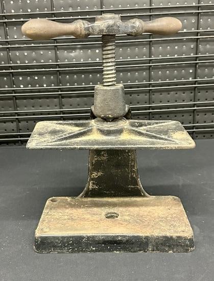 Cast iron book press, from local estate, has some surface rust, measures 15.5" high as you see it (1 of 2)