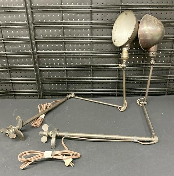 (2) Industrial articulated task lights, one has a copper shade, made of metal and brass,both clamps (1 of 3)