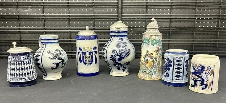 (7) German steins and pitchers, all from nice estate in Poughkeepsie, N.Y. All in very nice: (7) German steins and pitchers, all from nice estate in Poughkeepsie, N.Y. All in very nice condition, to show scale the tallest measures 10.25" high.