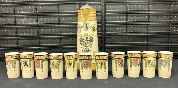 METTLACH (12) pc. Master Stein & Cups set, all signed, and numbered as pictured. From Hudson Valley (1 of 11)