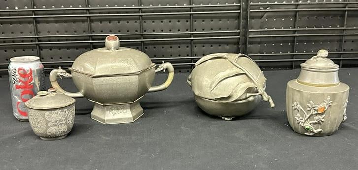 (4) pcs. of Chinese pewter, (3) with stones, one marked with Characters, (1) marked CHINA, from: (4) pcs. of Chinese pewter, (3) with stones, one marked with Characters, (1) marked CHINA, from local estate, one looks like it has jade on dragon handles….nice estate overall condition, widest one