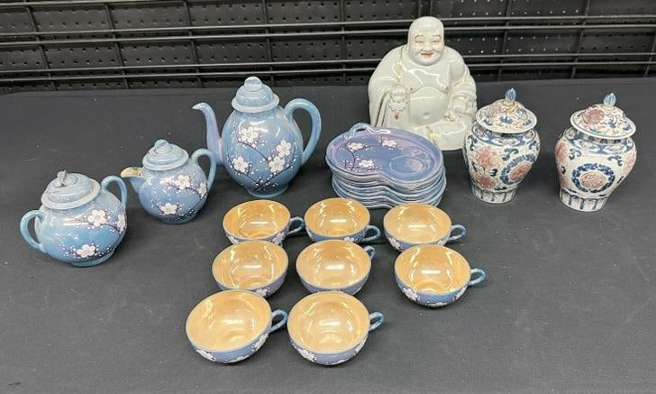 ASIAN porcelains lot to include Japanese tea set in very nice condition, pair of covered jars (1 of 9)