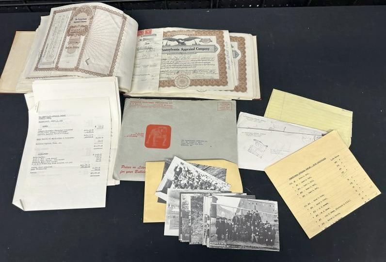 PENNSYLVANIA APPRAISAL COMPANY book of stock certificates from 1930's, along with papers that were (1 of 15)