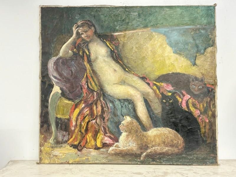 Franklin Zell Heuston (1880-1966 ) Impressionist o/c Nude Woman reclining with (3) cats titled (: Franklin Zell Heuston (1880-1966 ) Impressionist o/c Nude Woman reclining with (3) cats titled ( CIRCE ), dated 1940, some paint chips and crackling, painting measures 36" x 40". This painting is dire