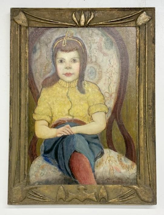 Franklin Zell Heuston (1880-1966 ) o/b young girl seated in Victorian chair, signed and dated lower: Franklin Zell Heuston (1880-1966 ) o/b young girl seated in Victorian chair, signed and dated lower right ( 1947 ), in wonderful carved frame of the period. Painting measures 26.5" x 18", the frame me