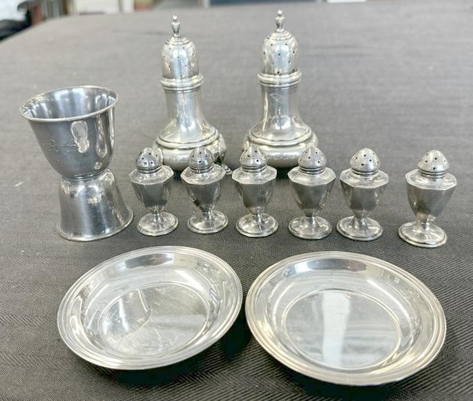 STERLING SILVER estate lot of (11) pcs. Including salt & pepper shakers, (6) small salt & pepper (1 of 5)