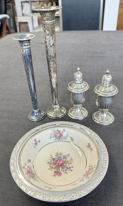 STERLING SILVER lot to include pair weighted bottom candlesticks, (2) weighted bottom bud vases & (1 of 5)