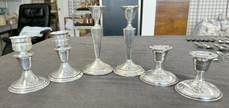 STERLING SILVER (3) pairs of weighted candlesticks, one pair with holders, from local estate, the (1 of 6)