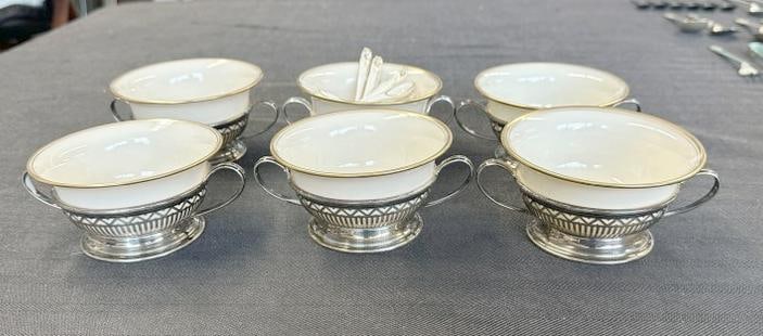 STERLING SILVER (6) LENOX china soup bowls with sterling sleeves, nice overall condition, has (10) (1 of 5)