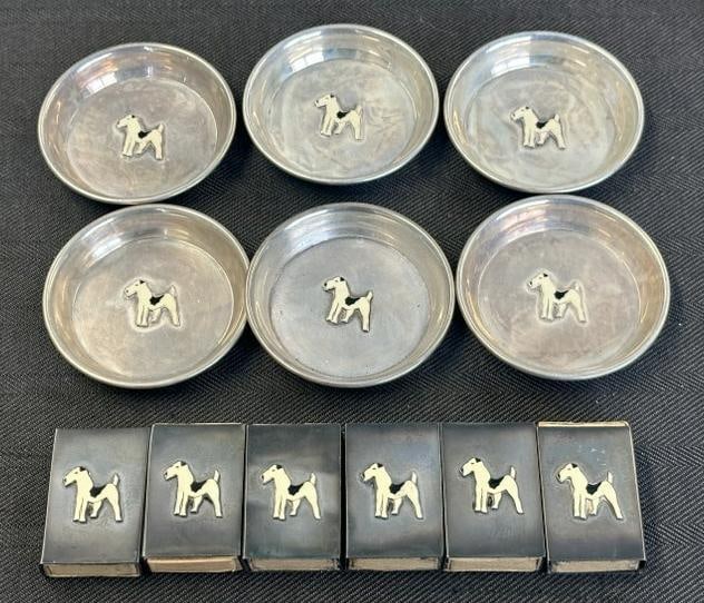 STERLING SILVER lot of (6) small trays with Terriers in center and (6) matchbox holders with matches (1 of 7)