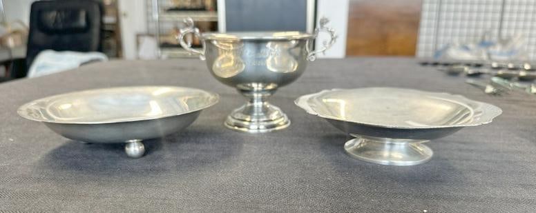 STERLING SILVER (3) pc. Estate lot to include (2) bowls, one footed and loving cup dated and (1 of 10)